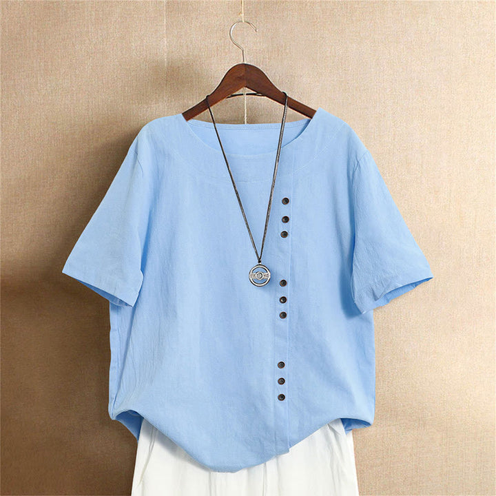 Buddha Stones Casual Summer Pure Color Jacquard Button Crew Neck Cotton Women's Short Sleeve T-Shirt - LightSkyBlue - US20,UK/AU24,EU52 (5XL) - image 15