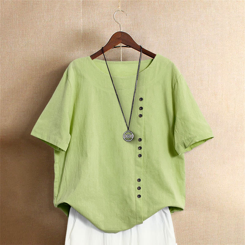 Buddha Stones Casual Summer Pure Color Jacquard Button Crew Neck Cotton Women's Short Sleeve T-Shirt - LightGreen - US20,UK/AU24,EU52 (5XL) - image 20