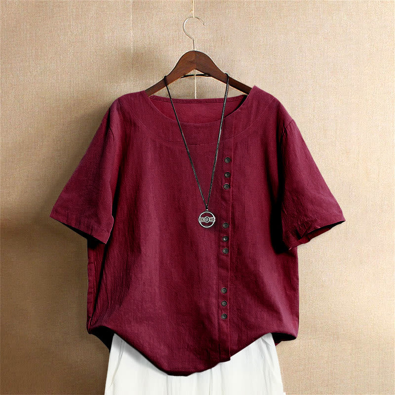 Buddha Stones Casual Summer Pure Color Jacquard Button Crew Neck Cotton Women's Short Sleeve T-Shirt - FireBrick - US20,UK/AU24,EU52 (5XL) - image 30