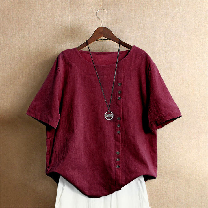 Buddha Stones Casual Summer Pure Color Jacquard Button Crew Neck Cotton Women's Short Sleeve T-Shirt - FireBrick - US20,UK/AU24,EU52 (5XL) - image 30