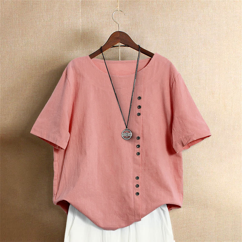 Buddha Stones Casual Summer Pure Color Jacquard Button Crew Neck Cotton Women's Short Sleeve T-Shirt - Salmon - US20,UK/AU24,EU52 (5XL) - image 35