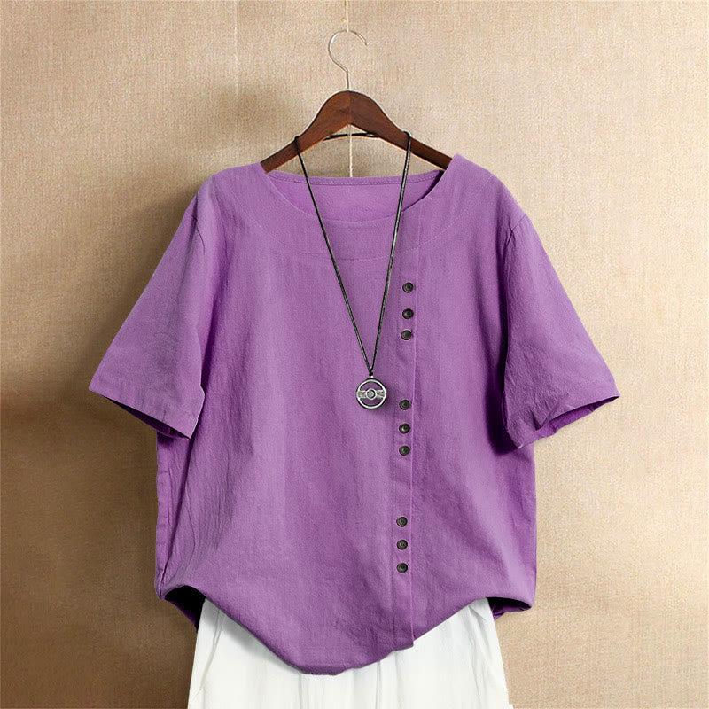 Buddha Stones Casual Summer Pure Color Jacquard Button Crew Neck Cotton Women's Short Sleeve T-Shirt - MediumOrchid - US20,UK/AU24,EU52 (5XL) - image 40