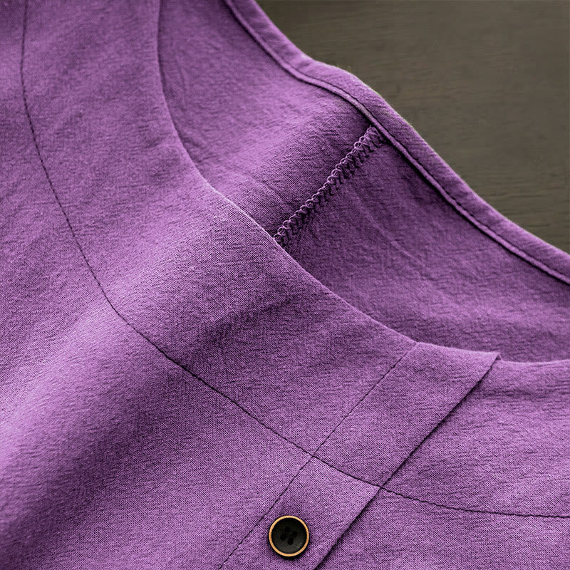 Buddha Stones Casual Summer Pure Color Jacquard Button Crew Neck Cotton Women's Short Sleeve T-Shirt - image 42