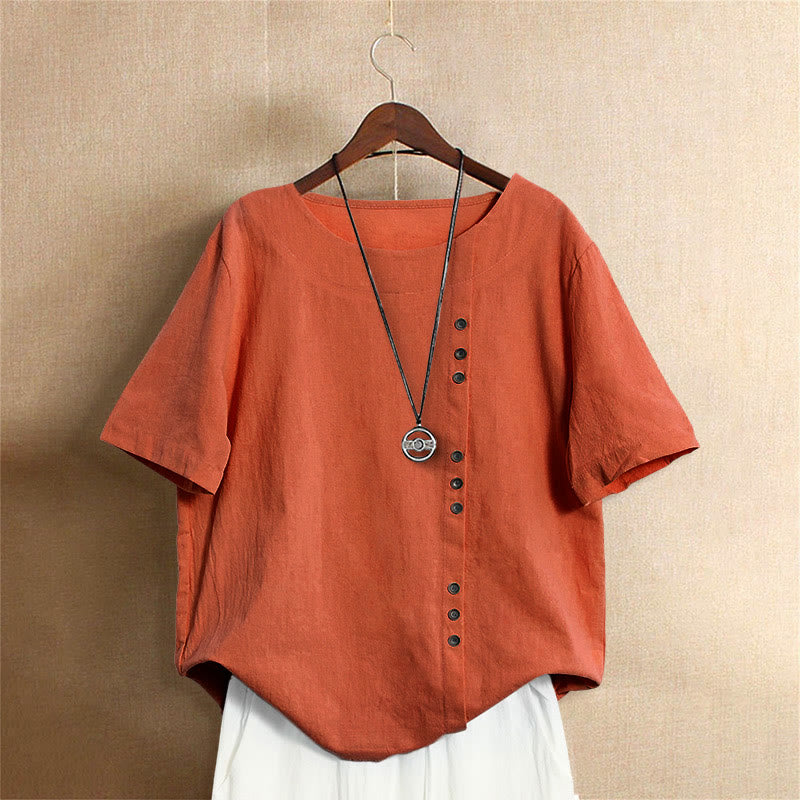 Buddha Stones Casual Summer Pure Color Jacquard Button Crew Neck Cotton Women's Short Sleeve T-Shirt - OrangeRed - US20,UK/AU24,EU52 (5XL) - image 45