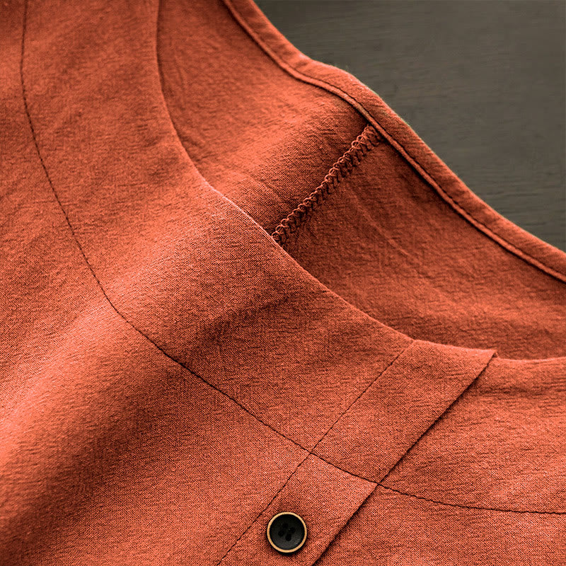 Buddha Stones Casual Summer Pure Color Jacquard Button Crew Neck Cotton Women's Short Sleeve T-Shirt - image 47