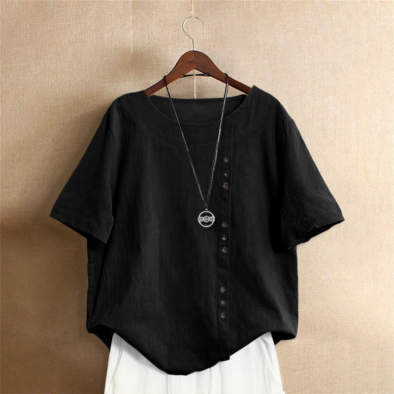 Buddha Stones Casual Summer Pure Color Jacquard Button Crew Neck Cotton Women's Short Sleeve T-Shirt - Black - US20,UK/AU24,EU52 (5XL) - image 50