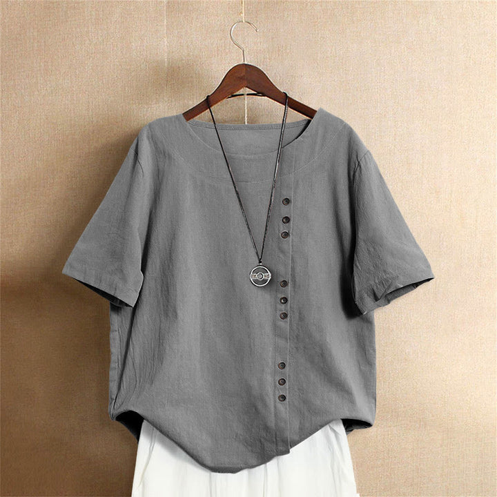 Buddha Stones Casual Summer Pure Color Jacquard Button Crew Neck Cotton Women's Short Sleeve T-Shirt - Gray - US20,UK/AU24,EU52 (5XL) - image 55