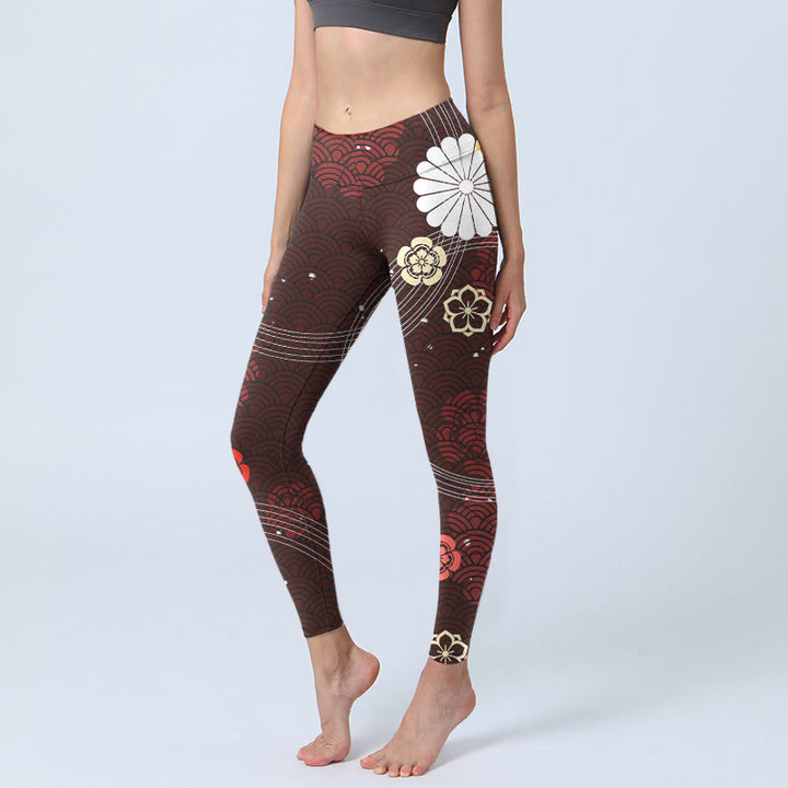 Buddha Stones Reddish-brown Floral Fan-shaped Wave Print Gym Leggings Women's Yoga Pants - SaddleBrown - US18,UK/AU22,EU50 (4XL) - image 0
