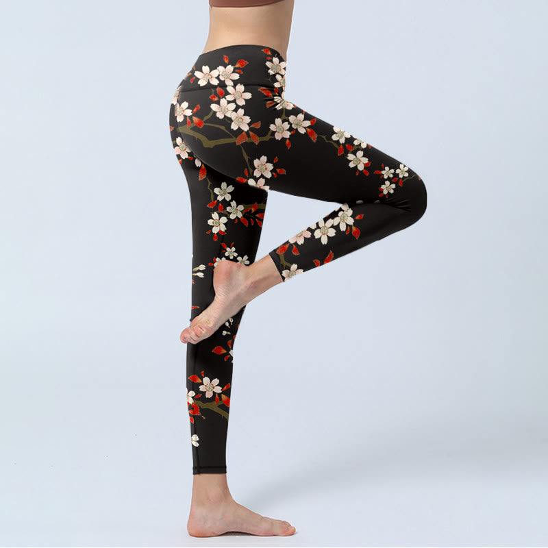 Buddha Stones White Cherry Blossoms Red Leaves Print Gym Leggings Women's Yoga Pants - image 3