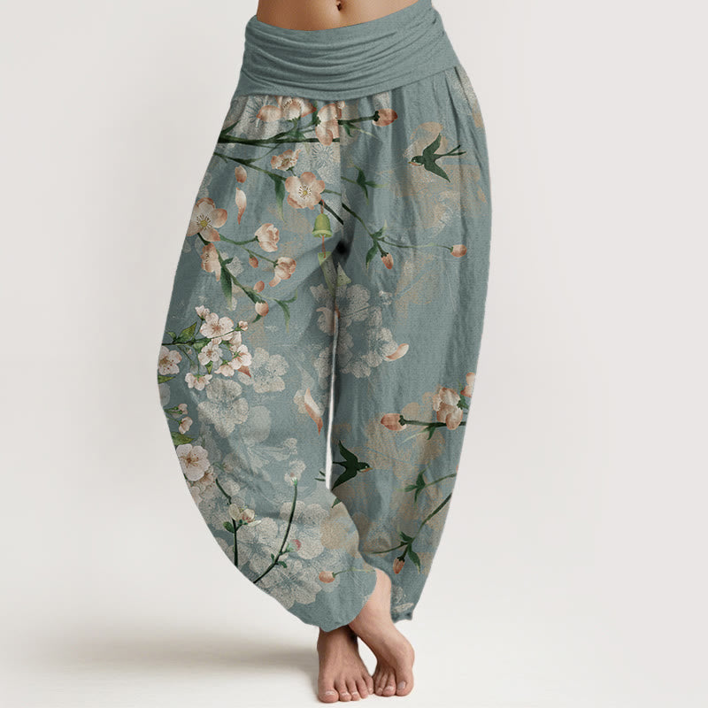 Buddha Stones Pure Cotton Peach Blossoms Flying Geese Pattern Women's Elastic Waist Harem Pants - MediumAquamarine - US22,UK/AU26,EU54 (6XL) - image 0