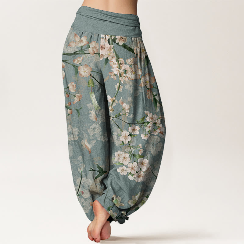 Buddha Stones Pure Cotton Peach Blossoms Flying Geese Pattern Women's Elastic Waist Harem Pants - image 1