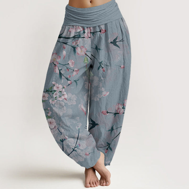 Buddha Stones Pure Cotton Peach Blossoms Flying Geese Pattern Women's Elastic Waist Harem Pants - CornflowerBlue - US22,UK/AU26,EU54 (6XL) - image 8