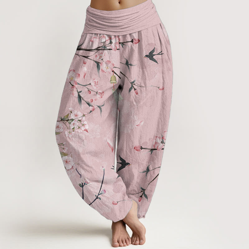 Buddha Stones Pure Cotton Peach Blossoms Flying Geese Pattern Women's Elastic Waist Harem Pants - Pink - US22,UK/AU26,EU54 (6XL) - image 5