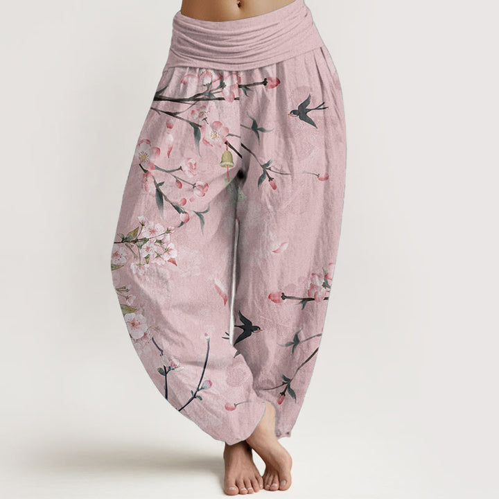Buddha Stones Pure Cotton Peach Blossoms Flying Geese Pattern Women's Elastic Waist Harem Pants - Pink - US22,UK/AU26,EU54 (6XL) - image 5