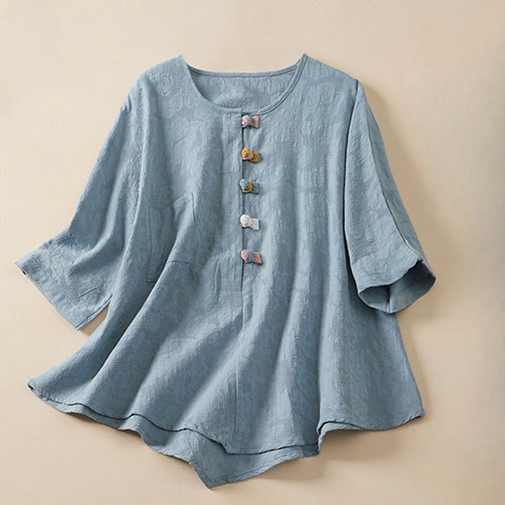 Buddha Stones Casual Flower Colorful Frog Button Half Sleeve Cotton Linen Women's Shirt - LightSkyBlue - US8-10,UK/AU12-14,EU40-42 (2XL) - image 0