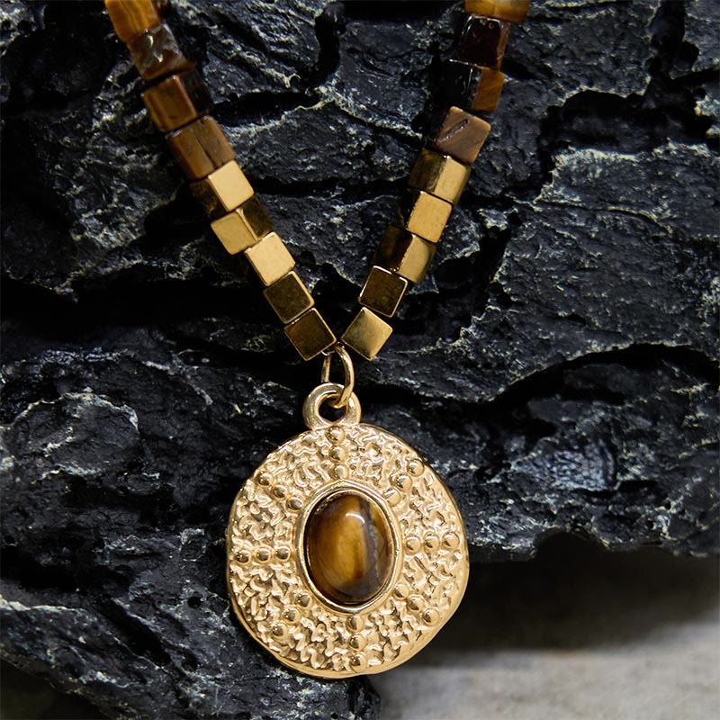 Buddha Stones Natural Tiger Eye Square Protection Titanium Steel Necklace Pendant - image 8