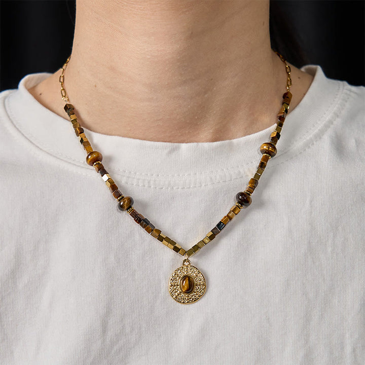 Buddha Stones Natural Tiger Eye Square Protection Titanium Steel Necklace Pendant - image 4