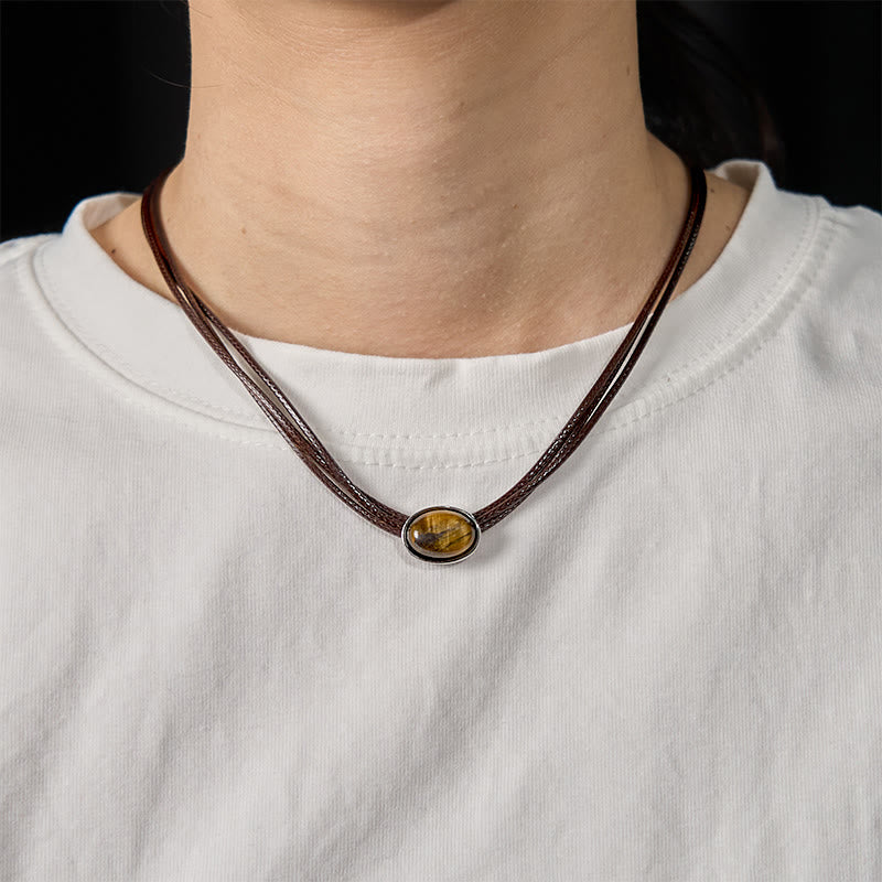 Buddha Stones Natural Tiger Eye Ellipse Protection Wax Rope Necklace Pendant - image 4