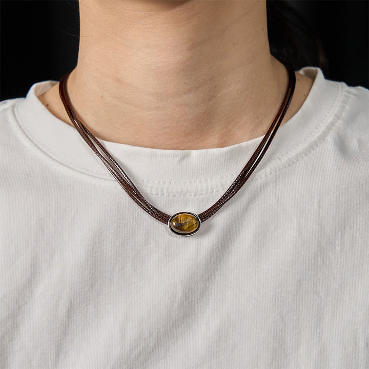 Buddha Stones Natural Tiger Eye Ellipse Protection Wax Rope Necklace Pendant - image 4