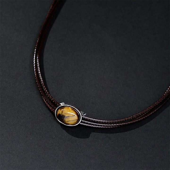 Buddha Stones Natural Tiger Eye Ellipse Protection Wax Rope Necklace Pendant - image 2