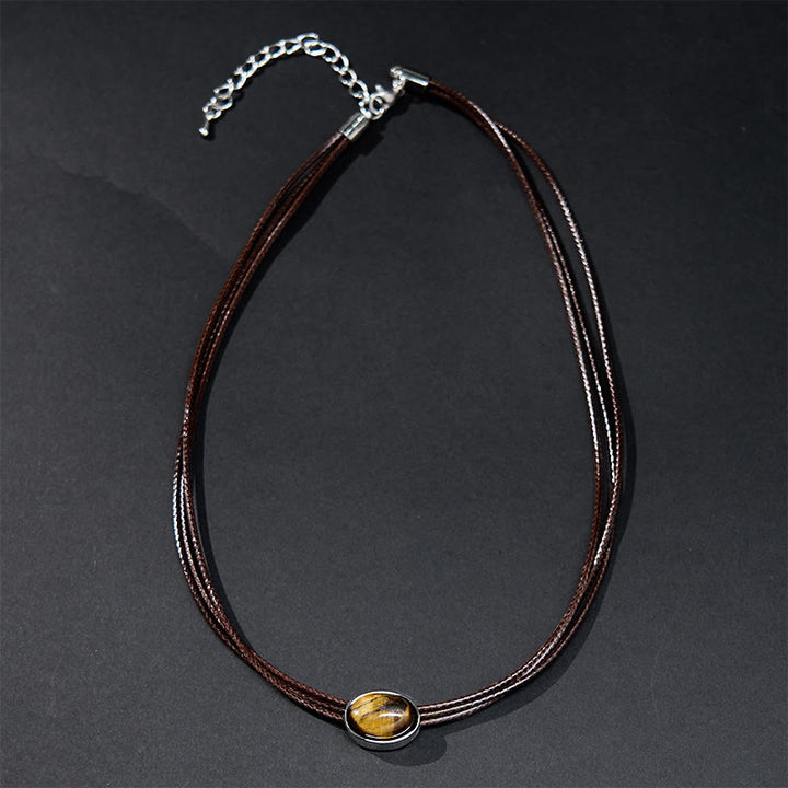 Buddha Stones Natural Tiger Eye Ellipse Protection Wax Rope Necklace Pendant - image 1