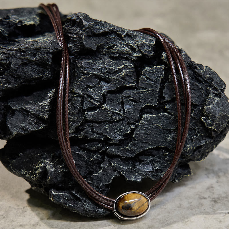 Buddha Stones Natural Tiger Eye Ellipse Protection Wax Rope Necklace Pendant - image 7