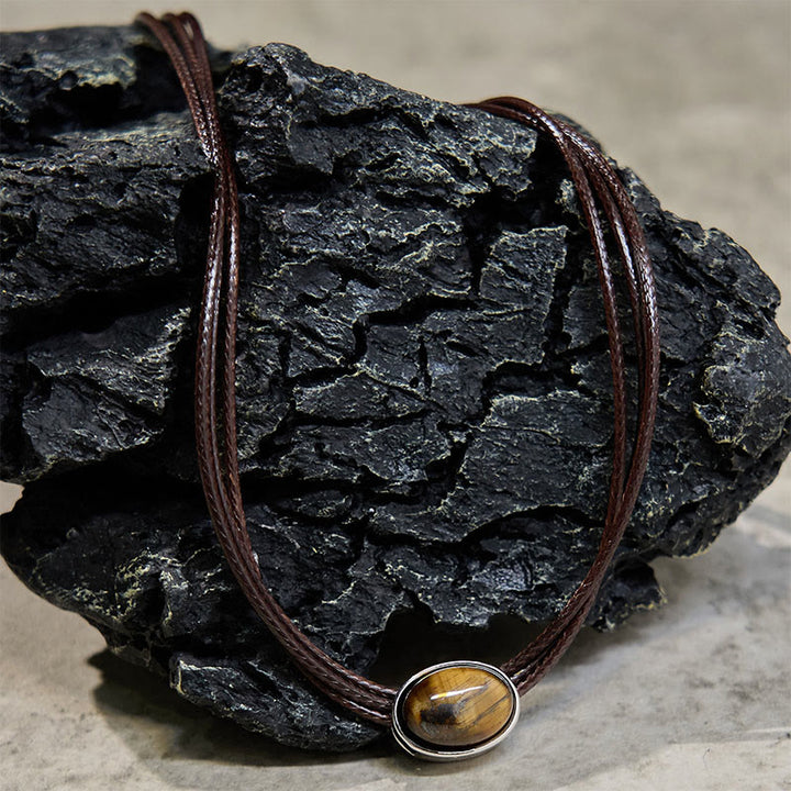 Buddha Stones Natural Tiger Eye Ellipse Protection Wax Rope Necklace Pendant - image 7