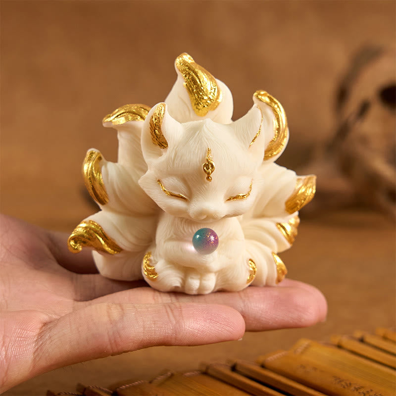 Buddha Stones Small Nine Tailed Fox Carved Ivory Fruit Support Home Decoration - image 1