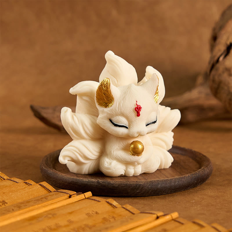 Buddha Stones Small Nine Tailed Fox Carved Ivory Fruit Support Home Decoration - image 11