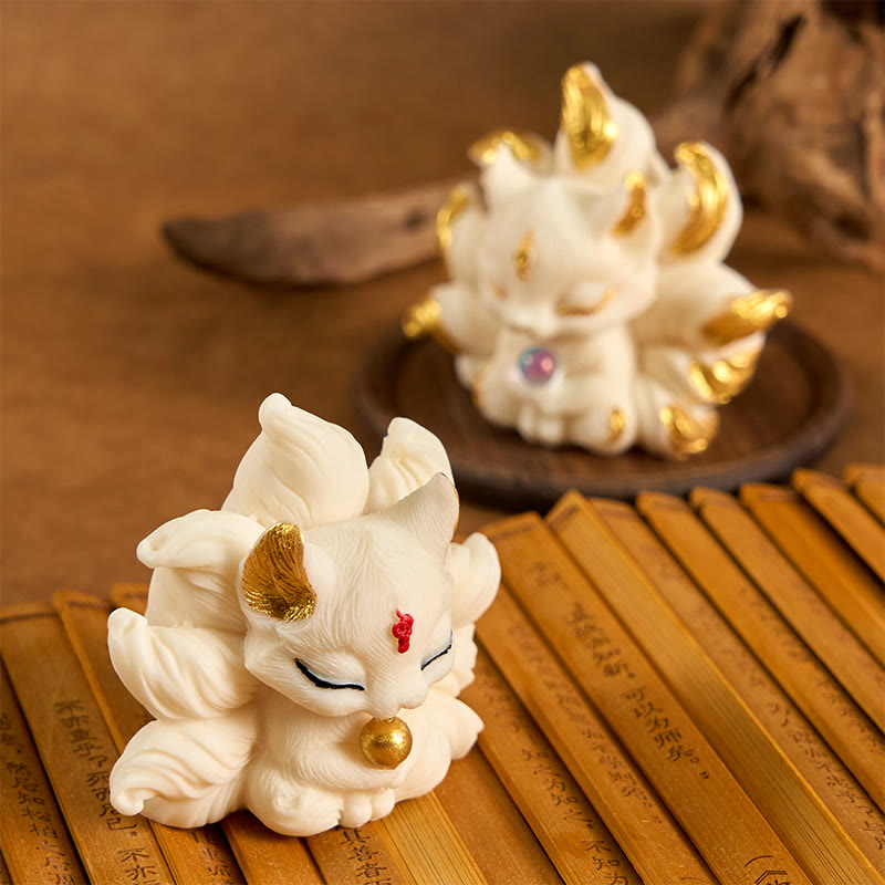Buddha Stones Small Nine Tailed Fox Carved Ivory Fruit Support Home Decoration - image 7
