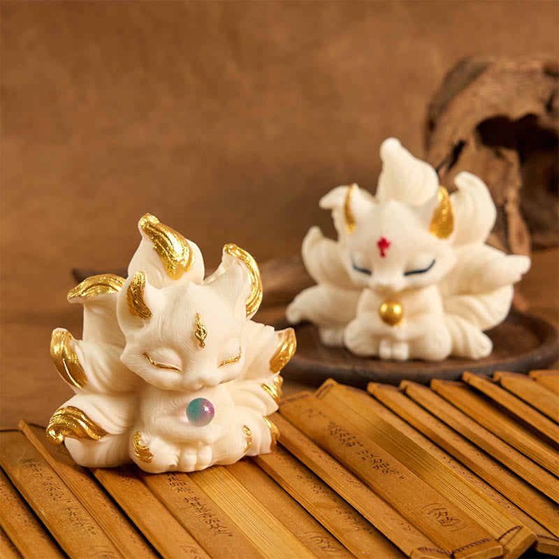 Buddha Stones Small Nine Tailed Fox Carved Ivory Fruit Support Home Decoration - image 6