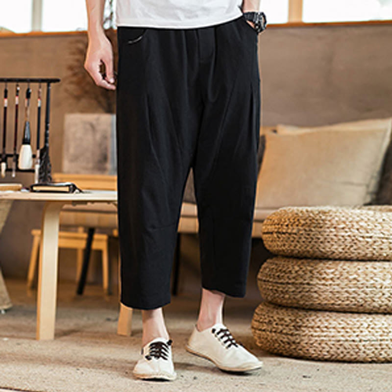 Buddha Stones Casual Solid Color Drawstring Men's Elastic Waistband Cotton Linen Pants With Pockets - Black - US/UK/AU46,EU56 (5XL) - image 26