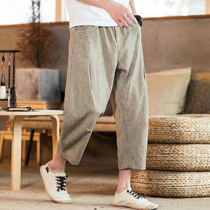 Buddha Stones Casual Solid Color Drawstring Men's Elastic Waistband Cotton Linen Pants With Pockets - DarkKhaki - US/UK/AU46,EU56 (5XL) - image 0