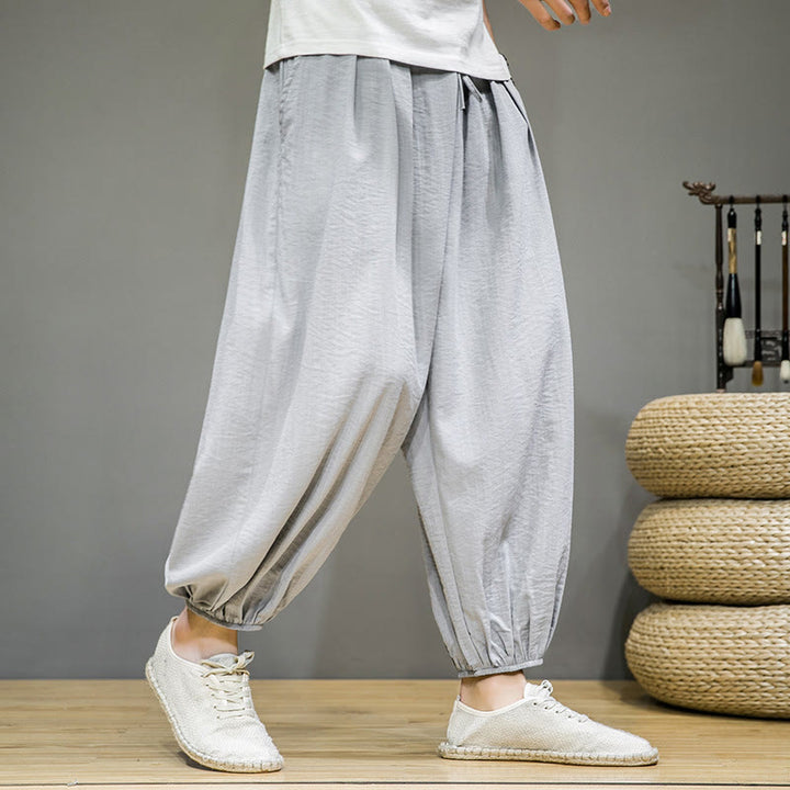 Buddha Stones Summer Plain Drawstring Men's Ankle-Length Cotton Harem Pants With Pockets - LightGrey - US/UK/AU46,EU56 (5XL) - image 9