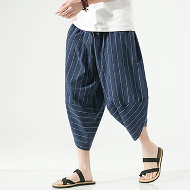 Buddha Stones Casual Plain Stripes Pattern Drawstring Men's 7-8 Length Cotton Linen Harem Pants With Pockets - Navy - US/UK/AU46,EU56 (5XL) - image 19