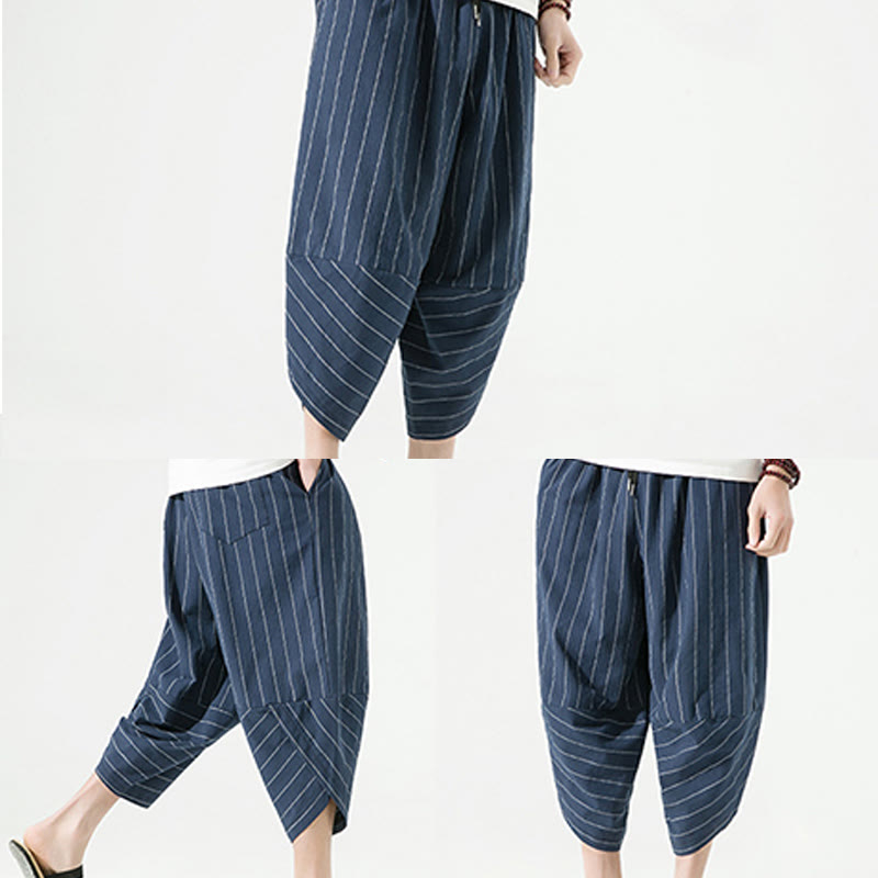 Buddha Stones Casual Plain Stripes Pattern Drawstring Men's 7-8 Length Cotton Linen Harem Pants With Pockets - image 26