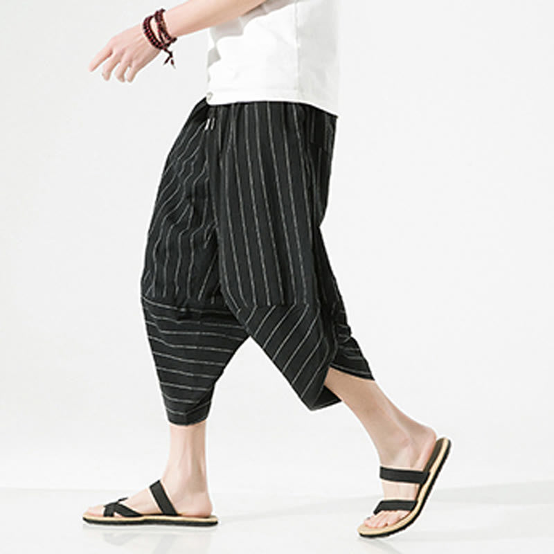 Buddha Stones Casual Plain Stripes Pattern Drawstring Men's 7-8 Length Cotton Linen Harem Pants With Pockets - Black - US/UK/AU46,EU56 (5XL) - image 0