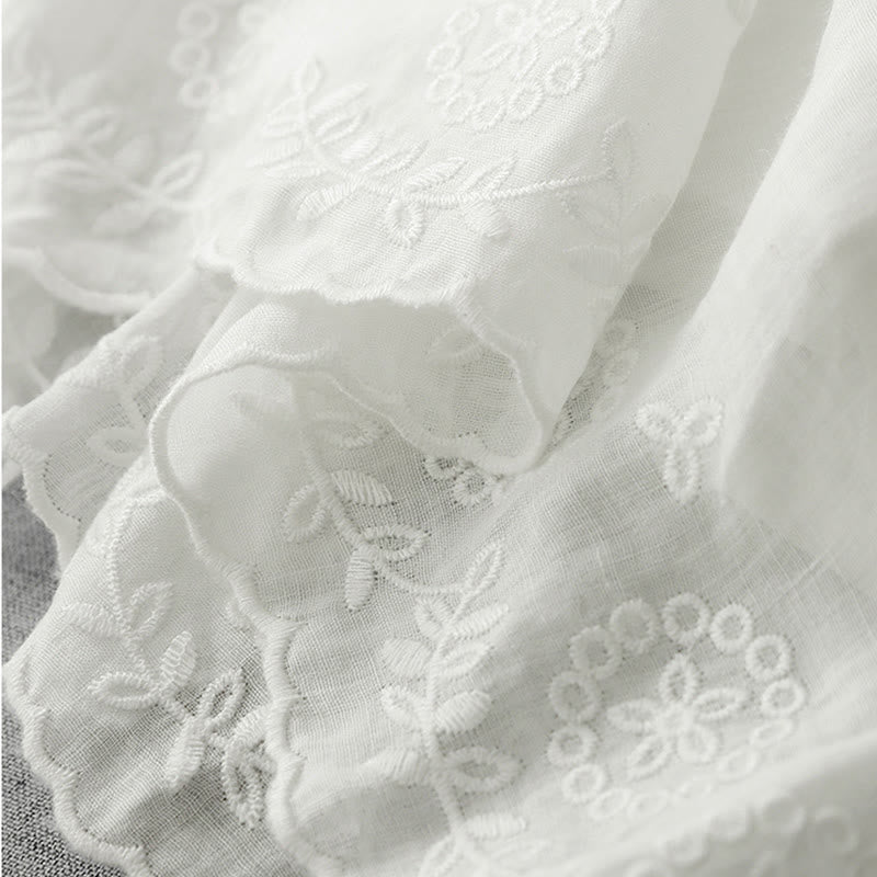 Buddha Stones Commute Solid Color Lace Embroidery Design Cotton Women's Wide Leg Cropped Pants With Pockets - image 6