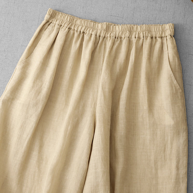 Buddha Stones Commute Solid Color Lace Embroidery Design Cotton Women's Wide Leg Cropped Pants With Pockets - image 16