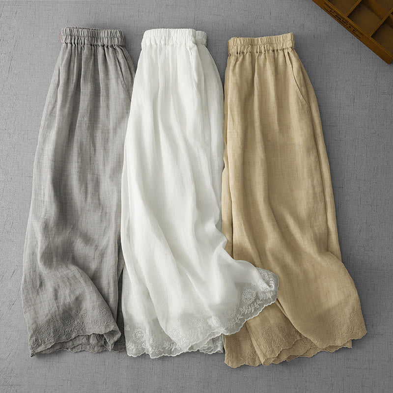 Buddha Stones Commute Solid Color Lace Embroidery Design Cotton Women's Wide Leg Cropped Pants With Pockets - image 23