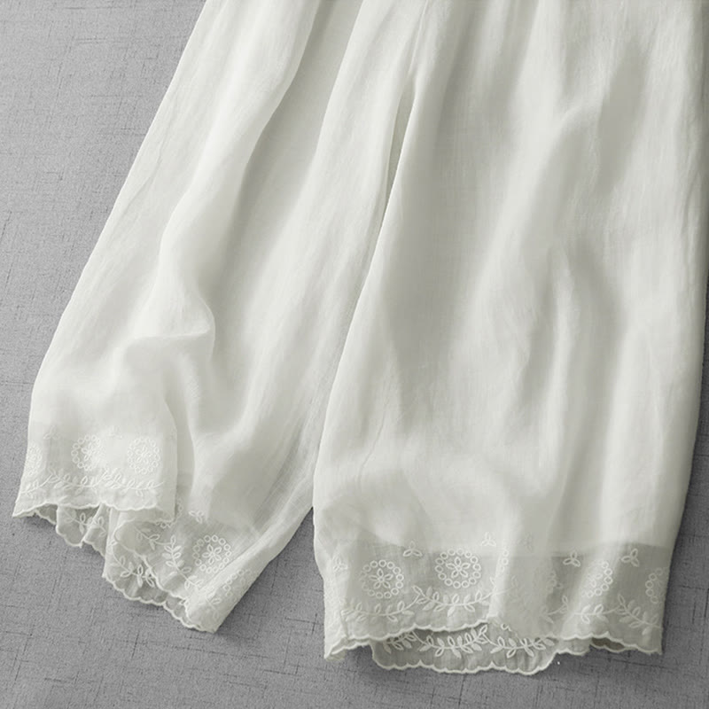 Buddha Stones Commute Solid Color Lace Embroidery Design Cotton Women's Wide Leg Cropped Pants With Pockets - image 4