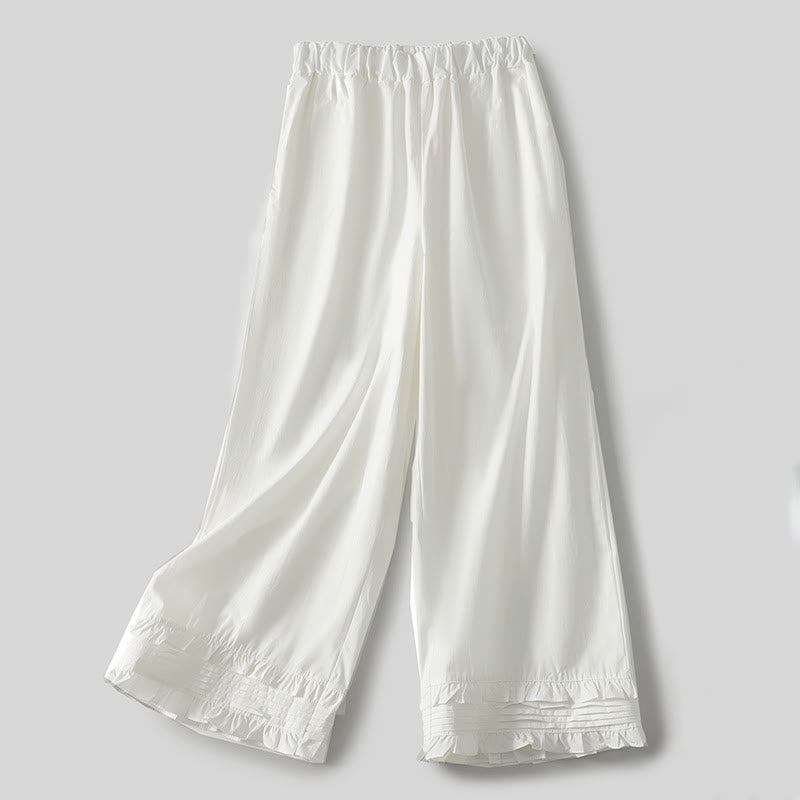 Buddha Stones Artistic Commute Pure Color Ruffled Hem Design Women's Cotton Linen Pants With Pockets - White - US12,UK/AU16,EU44 (2XL) - image 0