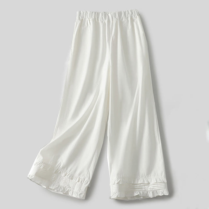 Buddha Stones Artistic Commute Pure Color Ruffled Hem Design Women's Cotton Linen Pants With Pockets - White - US12,UK/AU16,EU44 (2XL) - image 0