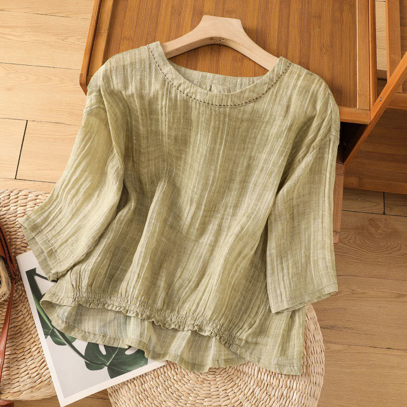 Buddha Stones Casual Summer Plain Crew Neck Women's  Cotton Linen Three Quarter Sleeve T-Shirt - DarkKhaki - US14,UK/AU18,EU46 (2XL) - image 0