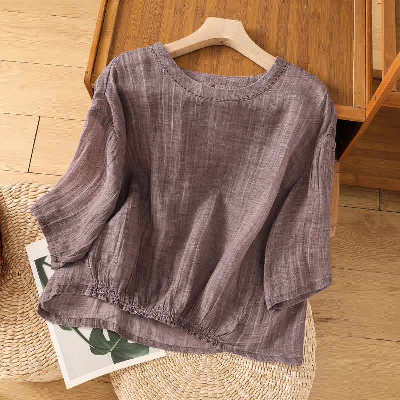 Buddha Stones Casual Summer Plain Crew Neck Women's  Cotton Linen Three Quarter Sleeve T-Shirt - MediumOrchid - US14,UK/AU18,EU46 (2XL) - image 8