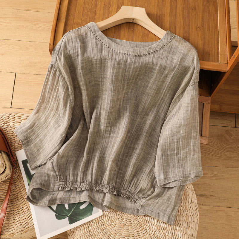 Buddha Stones Casual Summer Plain Crew Neck Women's  Cotton Linen Three Quarter Sleeve T-Shirt - Tan - US14,UK/AU18,EU46 (2XL) - image 16