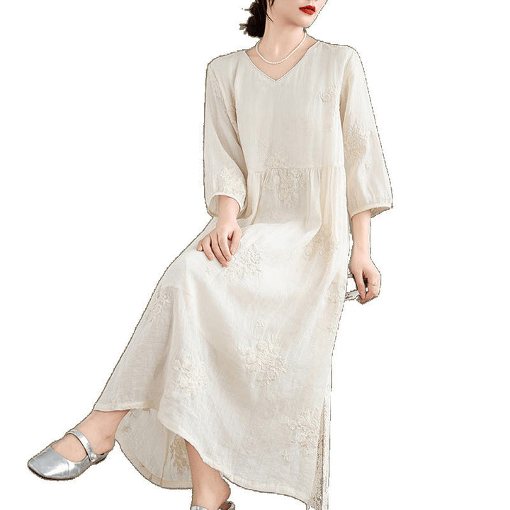 Buddha Stones Beige Casual Embroidery Three Quarter Sleeve Cotton Linen Midi Dress With Pockets - image 11