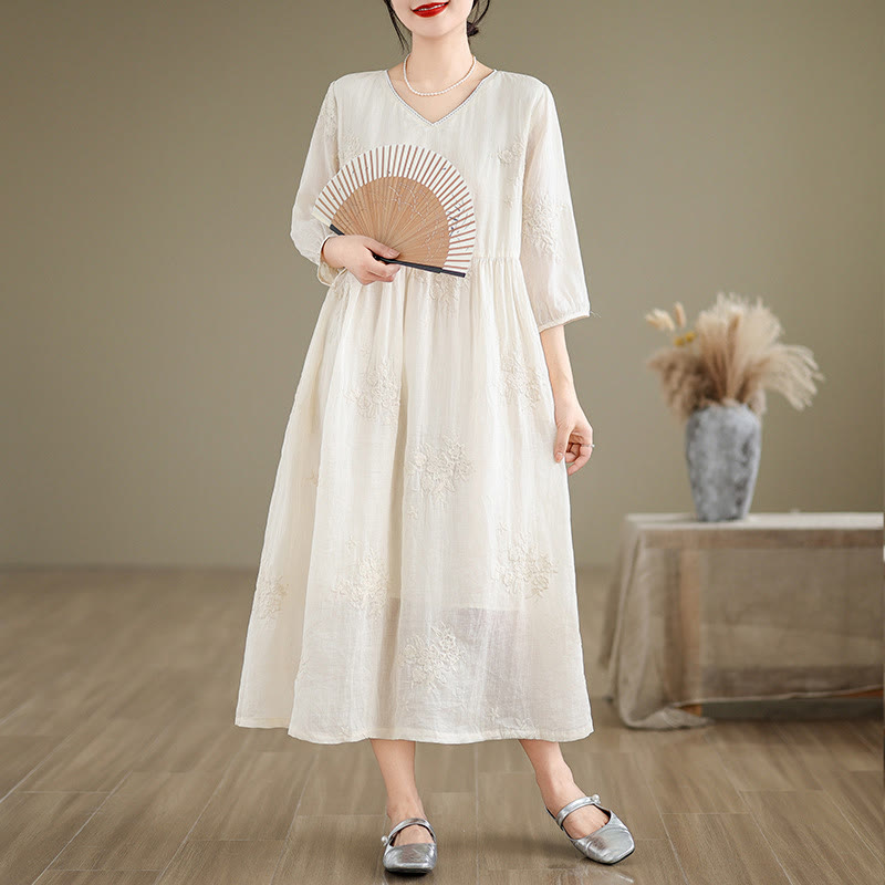 Buddha Stones Beige Casual Embroidery Three Quarter Sleeve Cotton Linen Midi Dress With Pockets - Beige - US8-10,UK/AU12-14,EU40-42 (2XL) - image 0