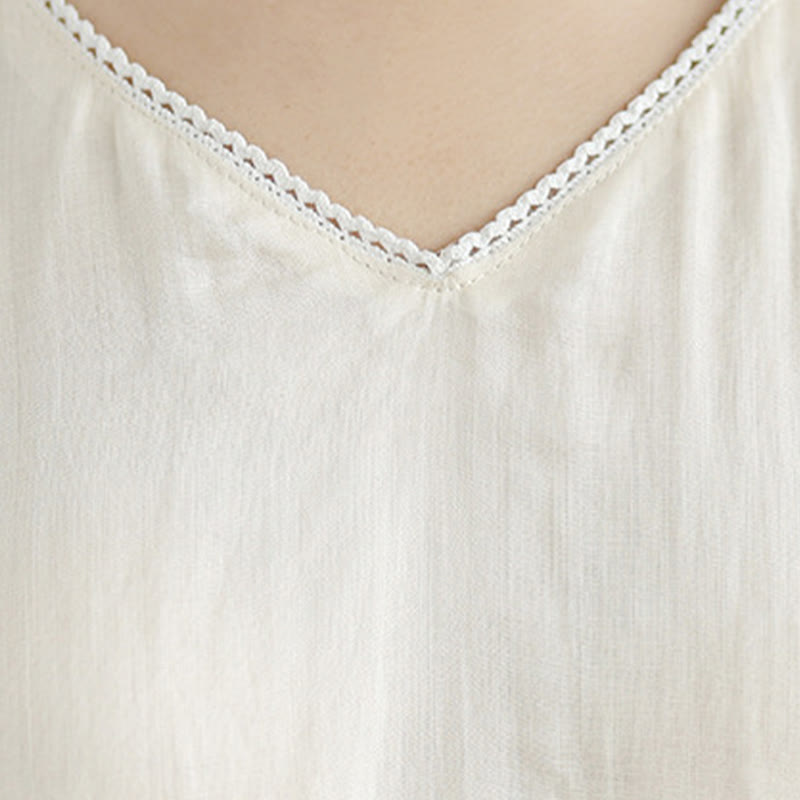 Buddha Stones Beige Casual Embroidery Three Quarter Sleeve Cotton Linen Midi Dress With Pockets - image 7