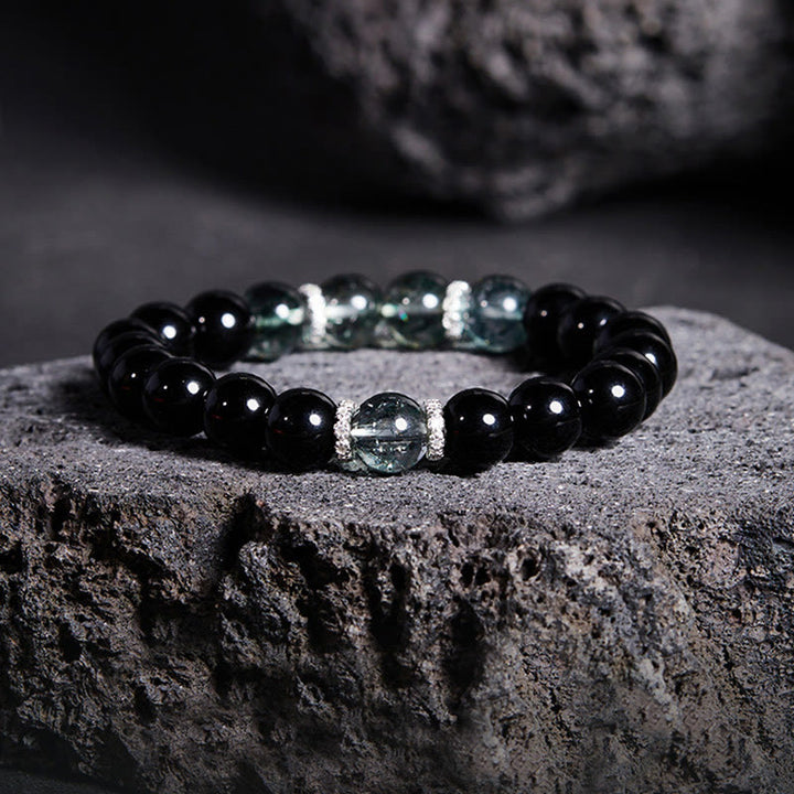 Buddha Stones 925 Sterling Silver Black Obsidian Green Phantom Strength Bracelet - Black Obsidian(Wrist Circumference: 14-16cm) - image 0